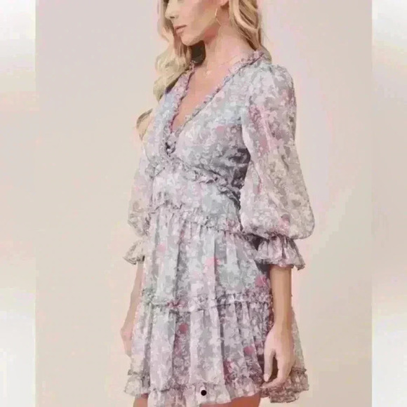 Saints & Secrets GREY ORANGE MULTI-COLOR FLORAL PRINT V-NECK RUFFLE DRES… - Picture 4 of 9